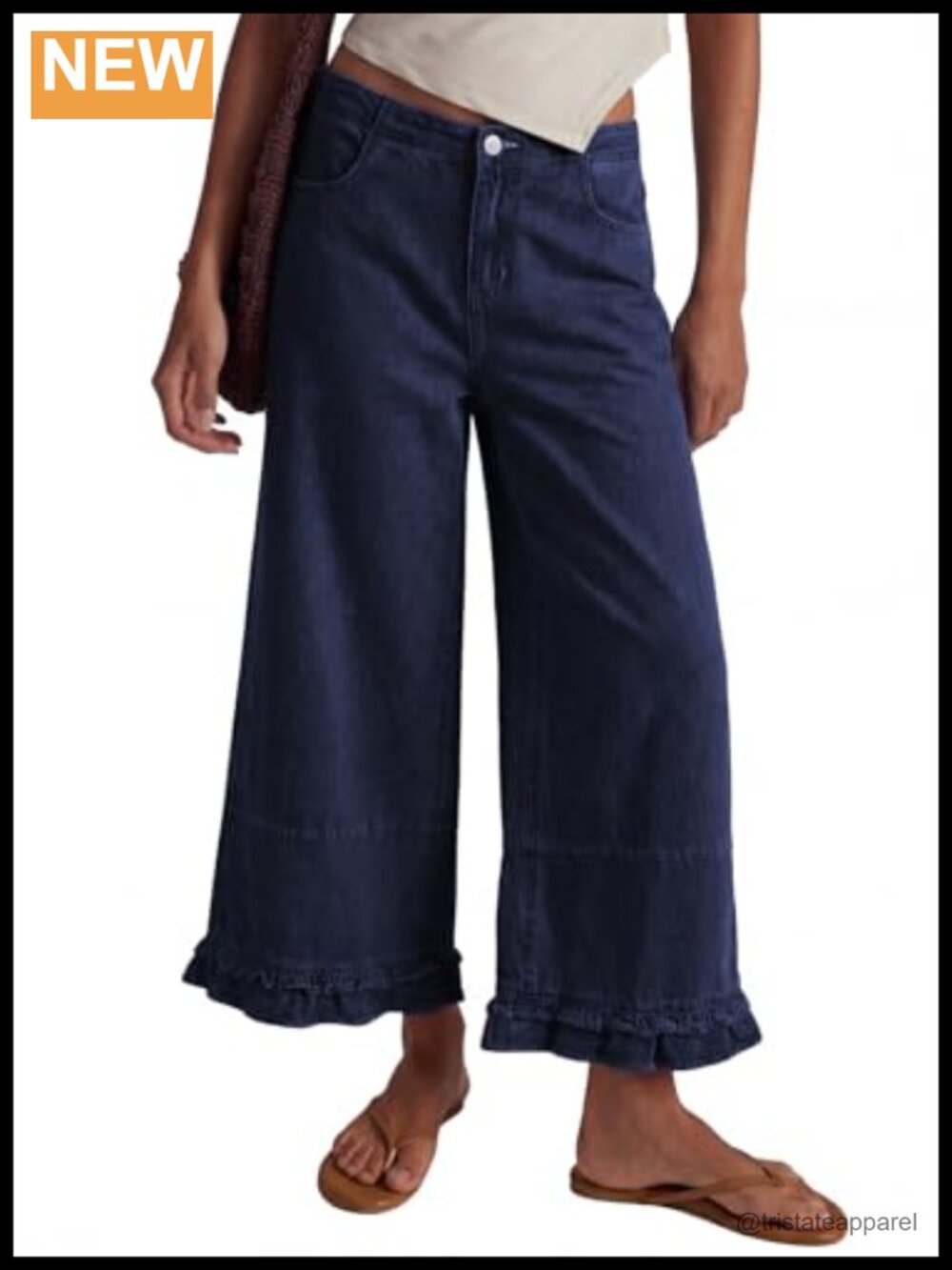 Womens Wide Leg Jeans Ruffle Hem Cropped Denim Pants